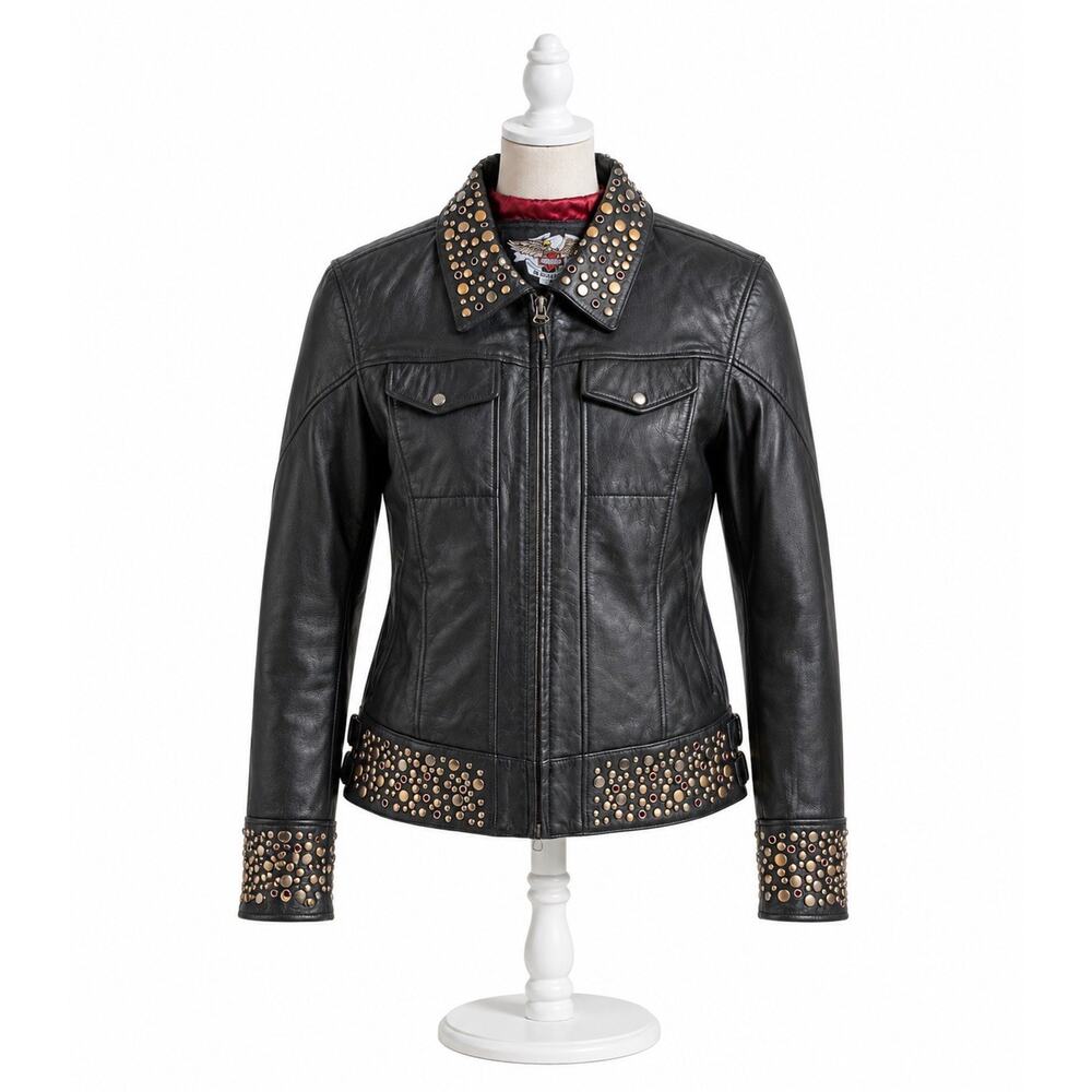 Vintage Y2K Harley Davidson Women’s Roxy Bling Black Leather Jacket - Size LW